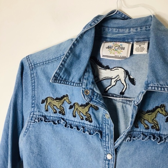 Just Class vintage button up horses India women medium blue cotton - Picture 6 of 10